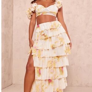 PLT Petite Lemon Floral Ruffle Maxi Skirt and Top